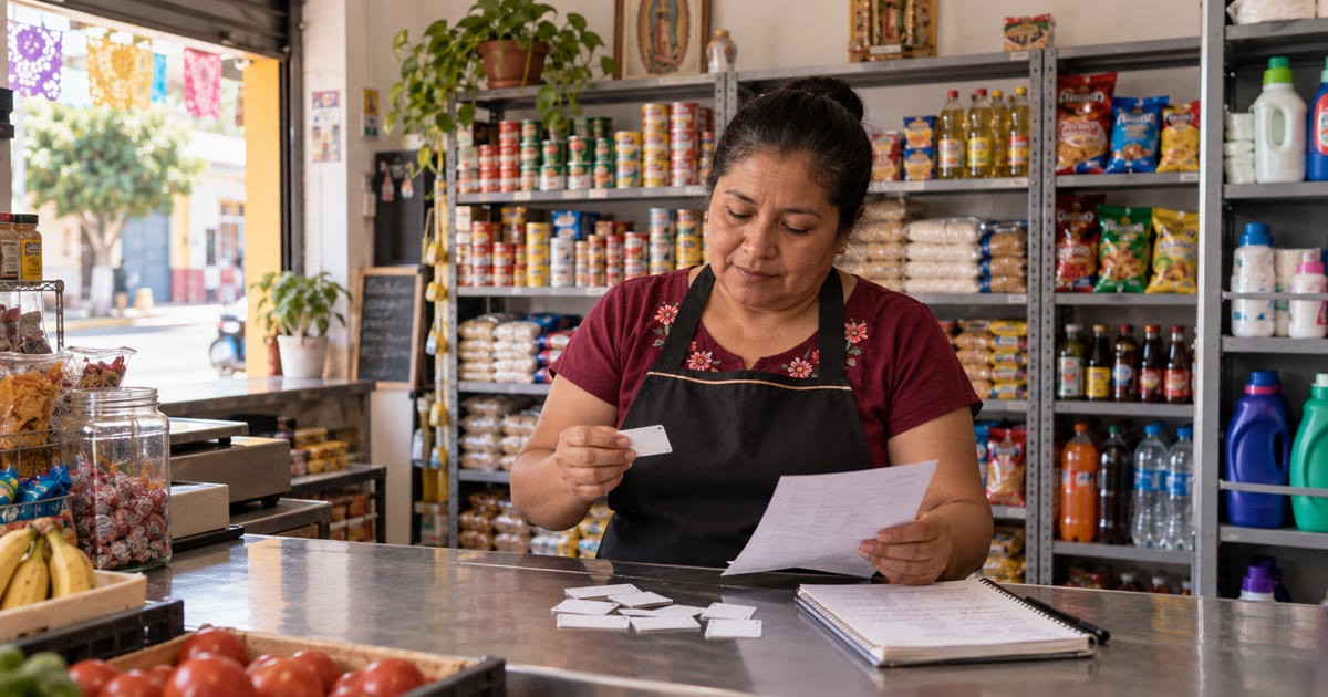 Dueño de una tienda de abarrotes revisando etiquetas de precios y una nota de proveedor junto al mostrador