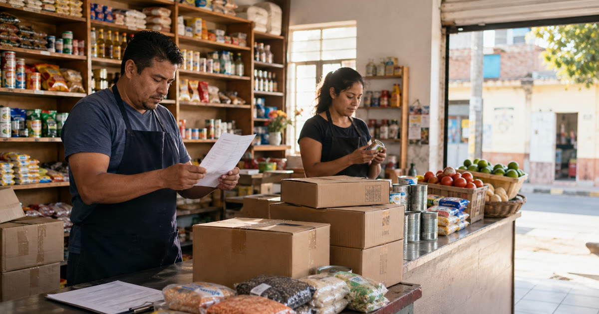 Dueña de una tienda de abarrotes revisando una nota de entrega y mercancía recibida de proveedor