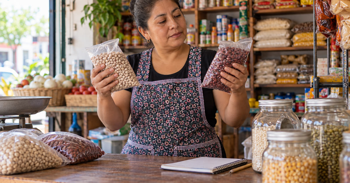 Dueña de una tienda de abarrotes revisando dos bolsas de frijol sin marca junto al mostrador