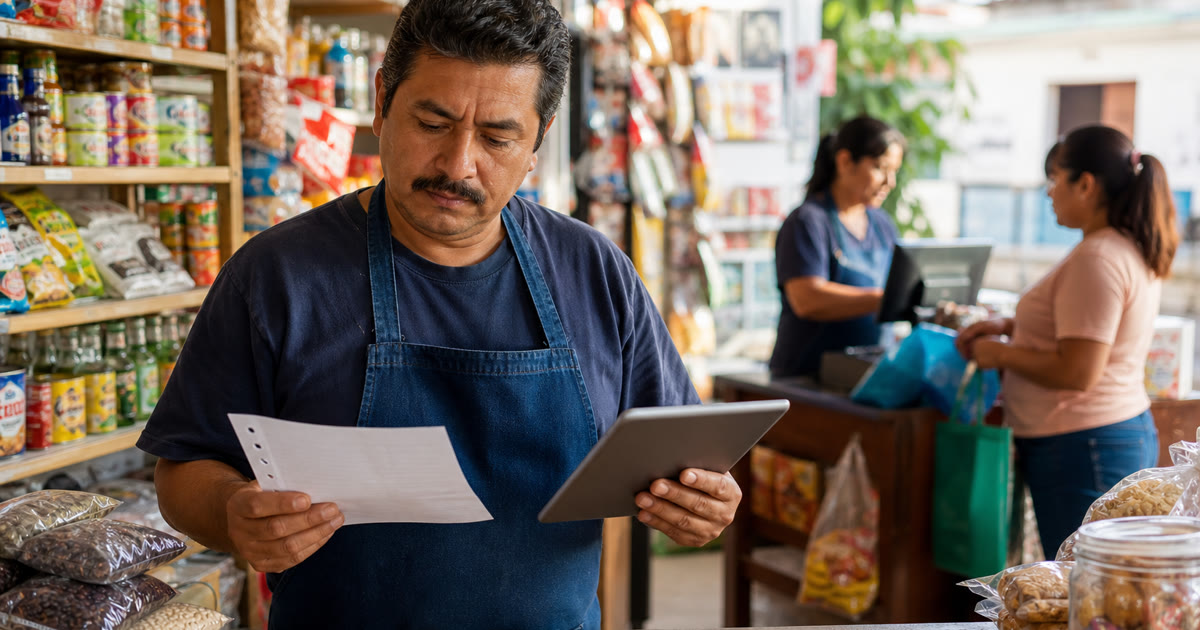 Dueño de una tienda de abarrotes comparando una lista de operación y una tablet junto al mostrador